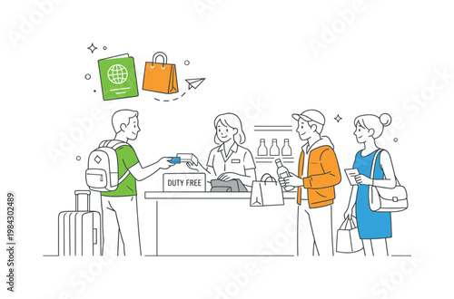 A travel retail environment highlighting quick purchases and convenience at a duty free store, illustrated by a group of passengers gathered near a single checkout