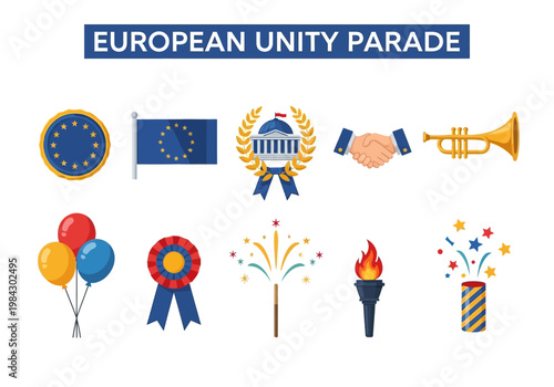Set of European Unity Parade Icons Celebrating European Union and Diversity
