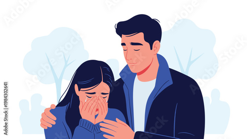 Compassionate man comforting a crying woman in park setting showing emotional support empathy and kindness during difficult times together.