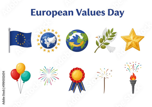 European Values Day celebration with flags, stars, globe, dove, awards, balloons, fireworks, and torch