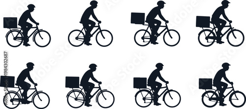 Silhouette of a man riding bicycle with box on back