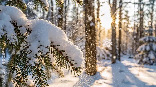 Snow covered pine branches in forest for commercial backgrounds, digital design, and advertising