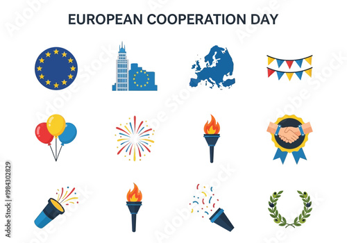 European Cooperation Day celebration icons for unity and partnership illustrations