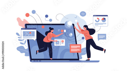 Diverse female colleagues collaborate on a digital interface projecting data analytics and business statistics from a large laptop screen.