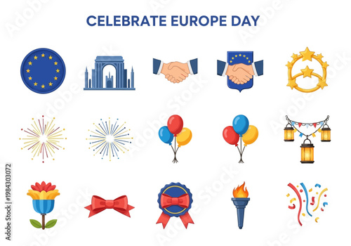 Europe Day celebration vector icons and graphic elements for festive design