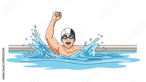 Male professional swimmer celebrates a triumphant victory in the swimming pool with his fist raised high and water splashing around him.