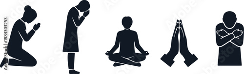 Foto Black silhouettes of people in various prayer and meditation poses