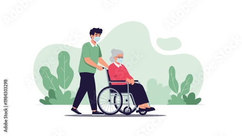 Caring young volunteer pushes an elderly woman in a wheelchair through a park while both wear protective face masks for safety and health.