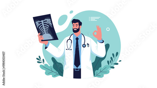Confident male doctor in white coat examines a chest x-ray scan and makes an okay hand gesture to signify good health or successful recovery.