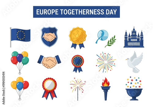 Europe Togetherness Day Icons Unity, Celebration, and European Union Symbols