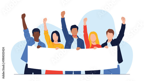 Diverse group of young activists stands together holding a large blank banner and raising their fists in a peaceful protest or social movement.