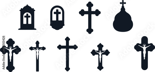Collection of various christian cross symbols and church icons