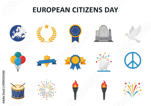 Set of European Citizen Day icons including planet, award, building, dove, drum, and peace symbol for illustration