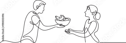 Continuous one line of a volunteer handing food to another.one line drawing vector illustration
