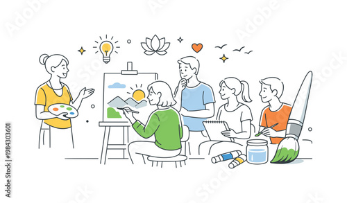 Adult art workshop focused on relaxation and skill improvement in a calm studio setting, depicted by a canvas on a stand and a brush with paint as the main elements,