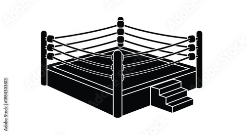 A stark black depiction showcases a professional wrestling ring with ropes corner posts and steps creating a dramatic silhouette high quality detailed modern elegant