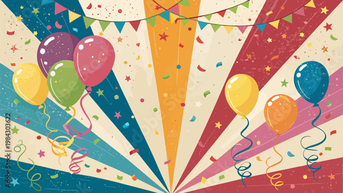 Vibrant party celebration poster with colorful balloons confetti and streamer for festive events and joyful gatherings with friends