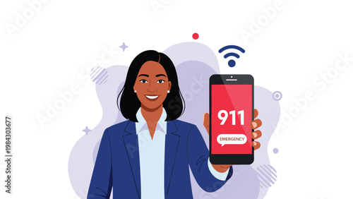 Professional woman in a blue blazer holds up a smartphone displaying a 911 emergency call screen to promote safety and fast response.