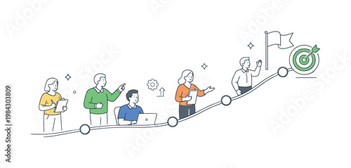 A structured steady execution scenario where a team maintains continuous progress through clearly defined stages without interruption, built around a visual metaphor of a