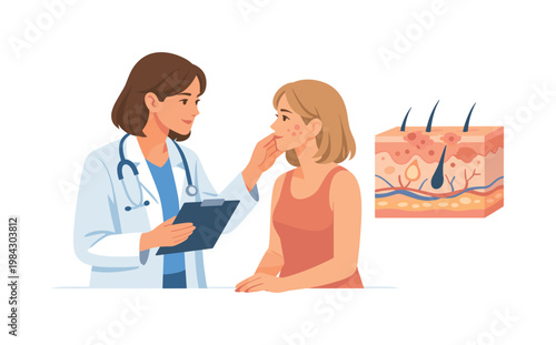 A medical consultation focused on diagnosing and treating skin conditions in a professional environment, depicted as a doctor and patient interacting beside a simple skin