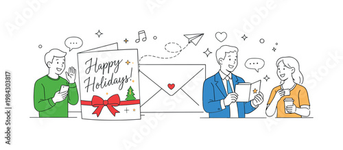 A festive communication scenario where individuals and businesses share warm seasonal messages to strengthen relationships and celebrate special occasions, illustrated