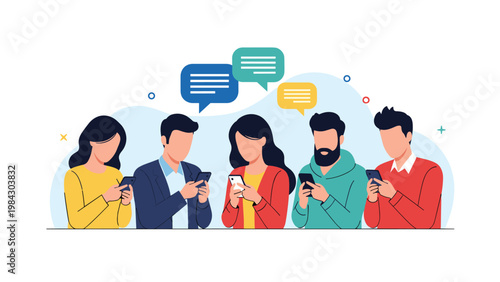 Five diverse young people stare at their smartphones with floating speech bubbles illustrating social media addiction and communication.
