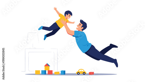 Happy father in a blue shirt joyfully lifts his small young son into the air while playing together at home with toys on the floor.
