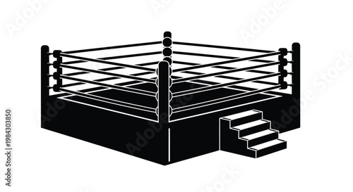 A stark black silhouette depicts an empty boxing ring with corner posts and ropes illustrating a sense of anticipation and competition silhouette high quality
