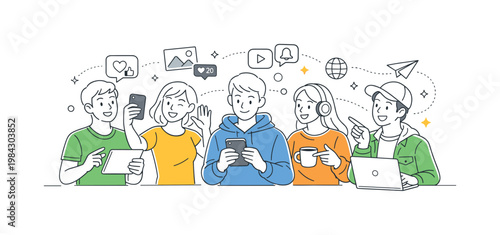 Social media digital interaction scene showing a small group of people engaging with online platforms and sharing content in a connected environment, using a smartphone