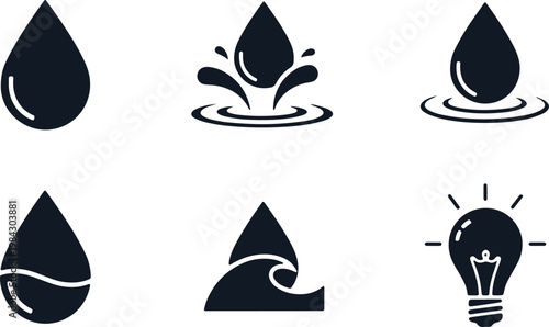 Black and white vector icons of water droplets and light bulb