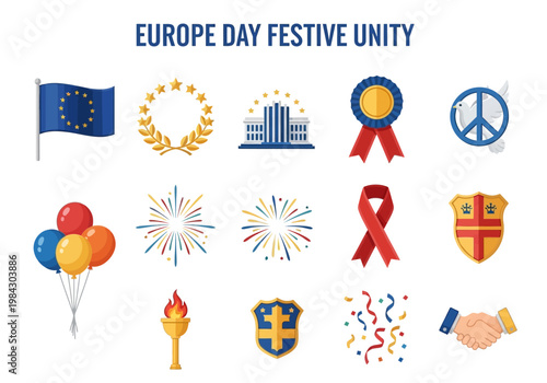 Europe Day Festive Unity Icons European Flag, Laurel Wreath, Ribbon, Peace Symbol, Balloons, Fireworks, Torch, Confetti, Handshake, Shield and more