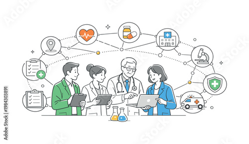 Medical team collaborating to diagnose and treat patients while ensuring effective healthcare delivery in a modern system, represented through a metaphor of connected