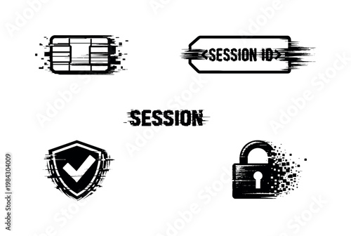 Digital authentication tokens and session validation theme, a set of 4 glitch-distorted monochrome objects placed on a perfectly clean white background, each object