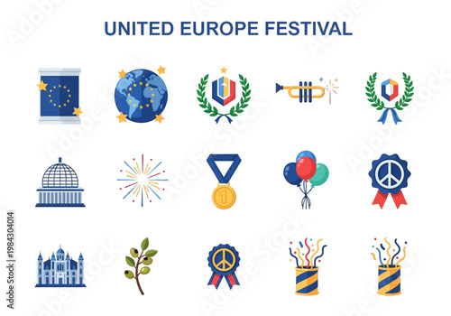 Europe Festival Celebration Icons Collection Featuring EU Flag, Globe, Laurel Wreath, Trumpet, Peace Symbol, Balloons, and Confetti