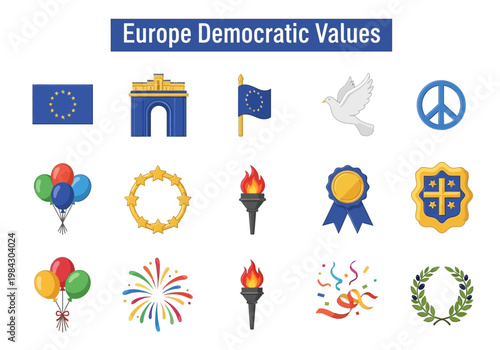 Collection of democratic values and symbols of European countries, with flag, arch, dove, peace sign, and fireworks