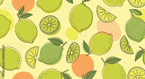 Seamless pattern of fresh green lemon fruit and sliced citrus wedges design for vibrant food and kitchen backgrounds.