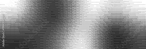 Abstract pixel gradient background. Pixelated bitmap texture. Retro digital halftone pattern for poster card cyber tech. 8-bit video game style banner. Black and white