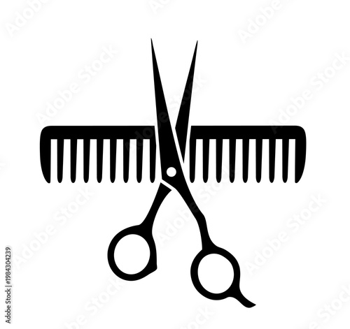 Scissors and hairdresser comb, hair salon black sign