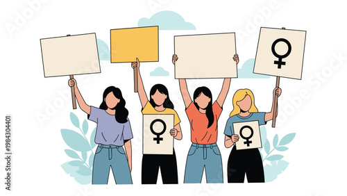Empowered group of diverse women stands together holding various blank and female symbol protest signs for equality and women's rights.