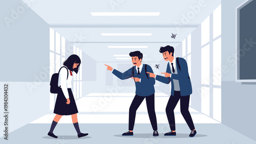 Sad schoolgirl walks down a school hallway while being mocked and pointed at by two aggressive boys in a scene of student bullying.