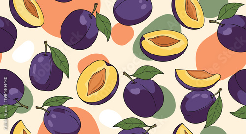 Seamless pattern of ripe purple plums with green leaves and soft orange abstract shapes suitable for food design and wallpaper.