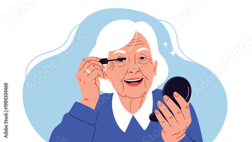 Elegant elderly woman with white hair smiles happily while applying black mascara to her eyelashes using a small compact mirror.
