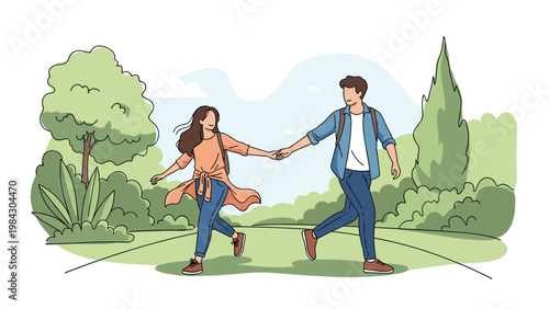 Young romantic couple in casual clothes holds hands and runs joyfully through a lush green park on a bright sunny day.
