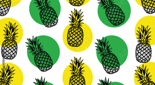 Seamless tropical pineapple fruit pattern with vibrant yellow and green circular background design for summer food decoration.