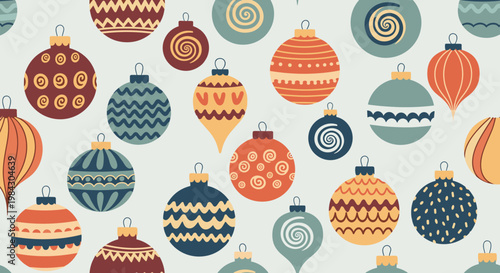 Festive Christmas ornaments seamless pattern background with colorful holiday baubles and winter decorations.