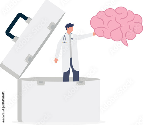Doctor in medical kit holding a giant pink brain
