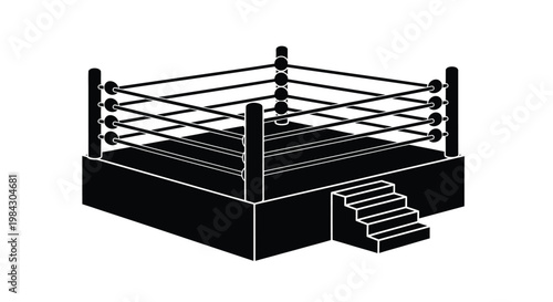 A stark black silhouette depicts a professional boxing ring with ropes corner posts and steps showcasing a minimalist silhouette high quality detailed modern elegant