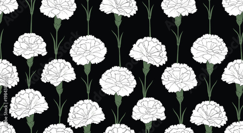 Abstract botanical pattern of white fluffy seed heads on a black background, creating a striking monochrome nature design for textile or wallpaper use.