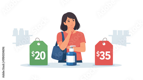 Shopping decision scenario where a customer evaluates product options before making a purchase, representing comparison, choice, and consumer behavior in a retail