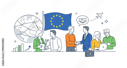 Global business and economic collaboration in a corporate environment where European markets and organizations interact and grow together, illustrated by a flag element